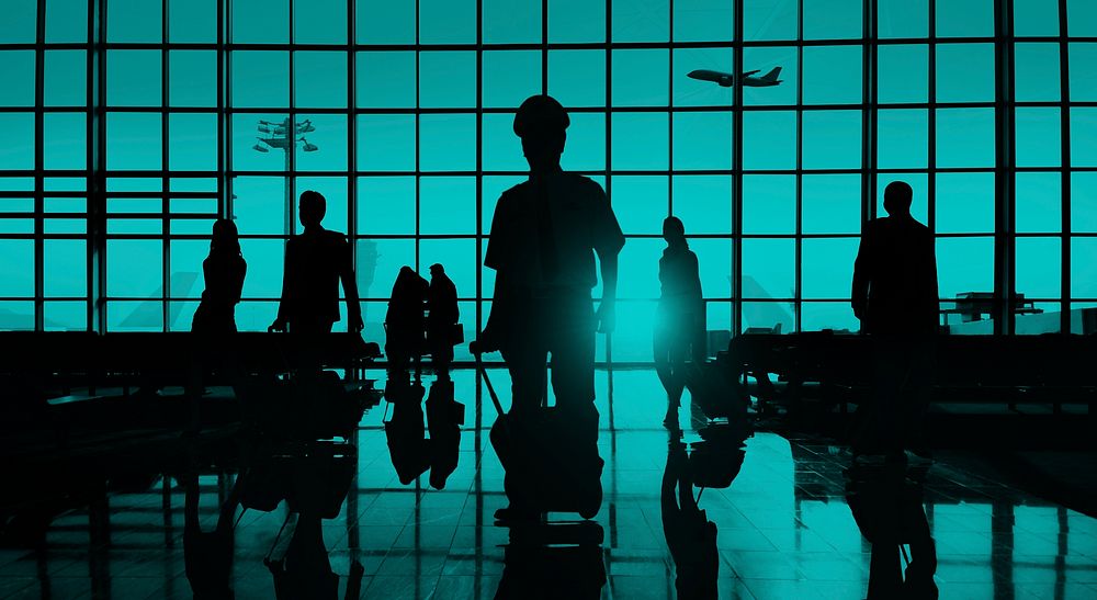 Back Lit Business People Traveling Airplane Airport Concept