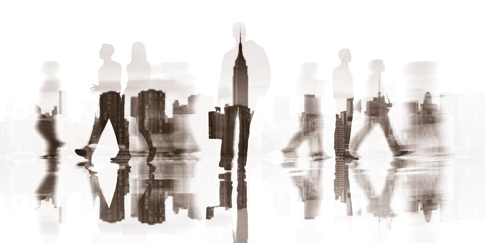 Silhouettes of Business People Walking and City Background