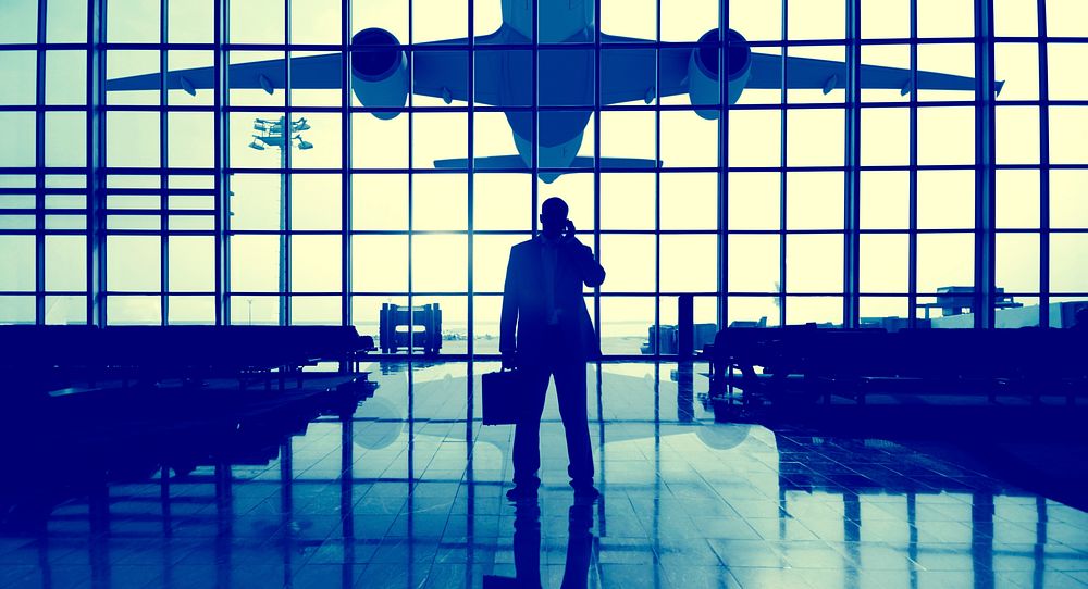 Businessman Airport Terminal Waiting Standing Alone Travel Concept