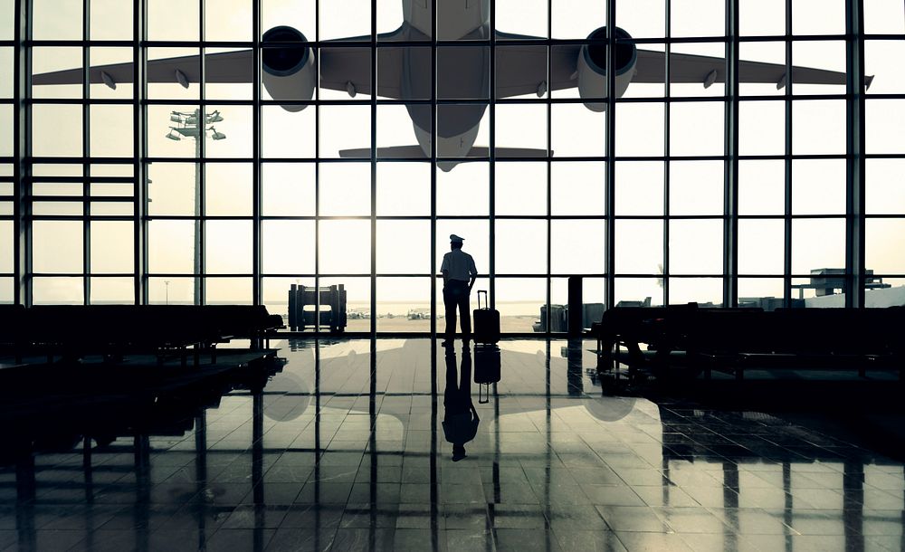 Pilot Airport Terminal Waiting Standing Alone Travel Concept