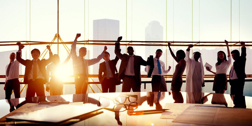 Business People Arms Raised Board Room Success Concept