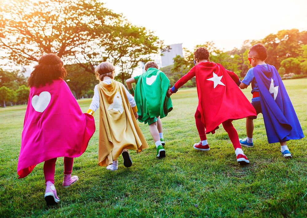 Superheroes Cheerful Kids Expressing Positivity Concept