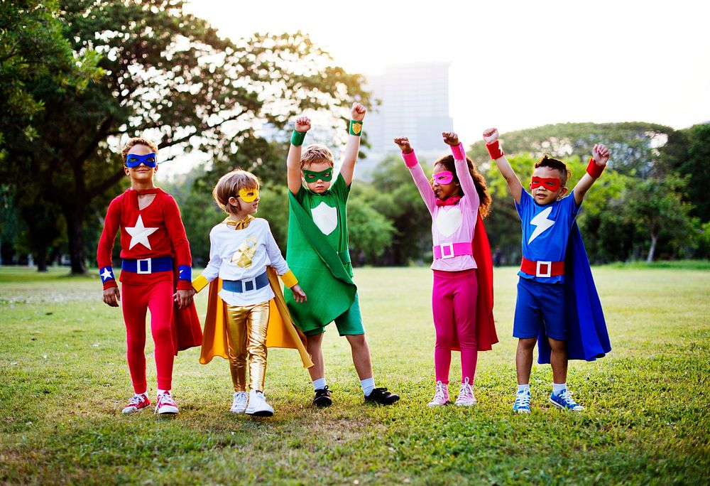 Kids Wear Superhero Costume Outdoors