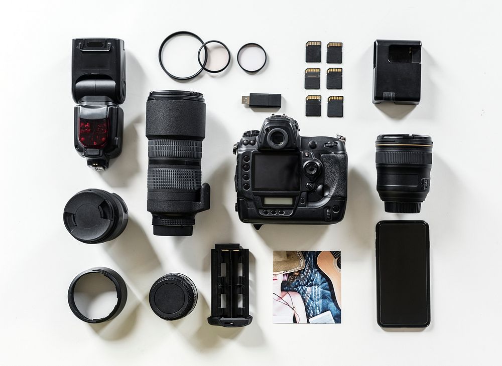 Photography kit laid out on the table