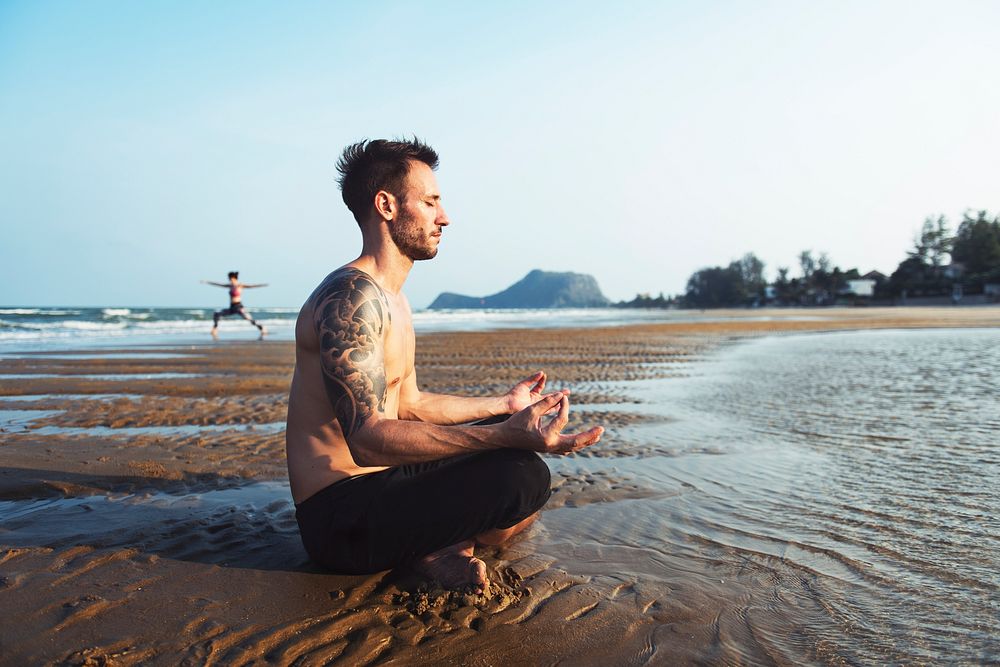 Man Yoga Beach Summer Relax Concept