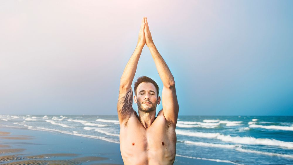 Man Meditation Beach Fitness Yoga Concept