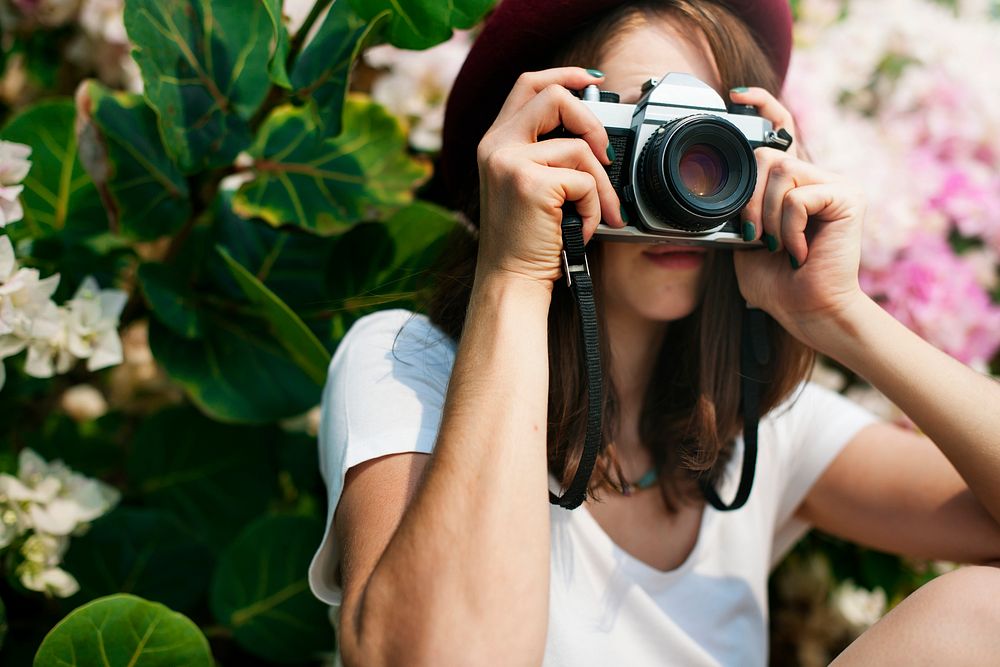 Girl Camera Photographer Focus Shooting Nature Concept