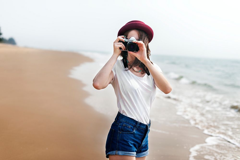 Woman Travel Photographing Beach Concept