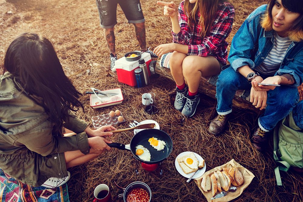Friends Camping Morning Breakfast Cookking Concept