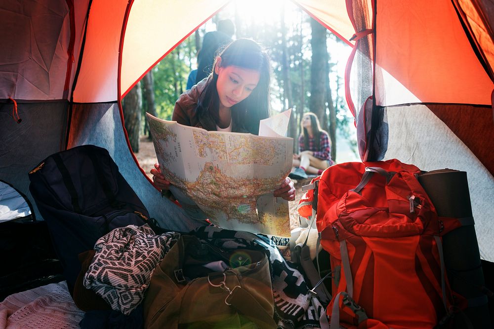 Female Map Camping Forest Concept