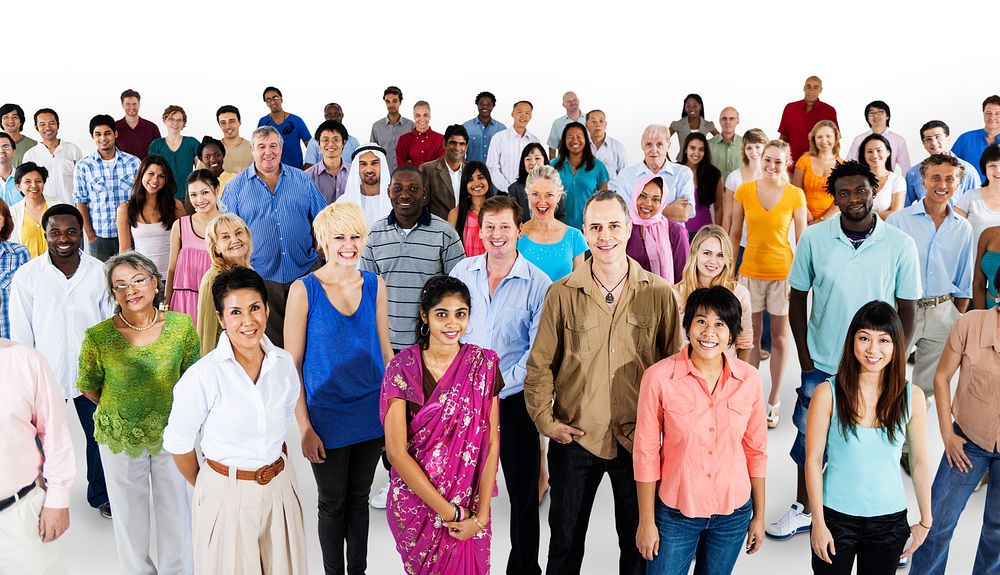 Group of diverse people standing together isolated on white