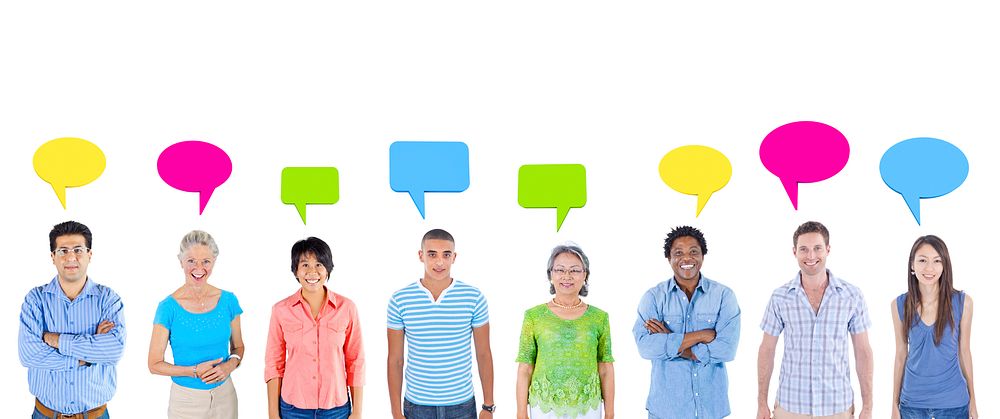 multi-ethnic group of people isolated on white background with speech bubbles.