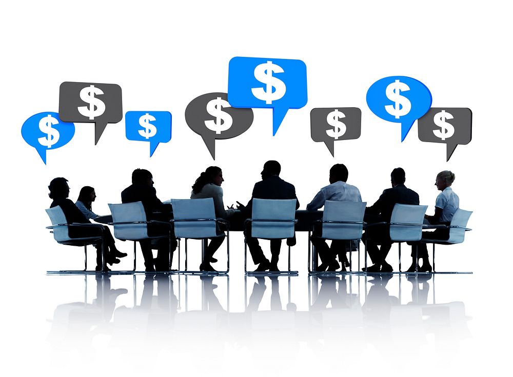 Silhouette of people in a meeting talking about dollars
