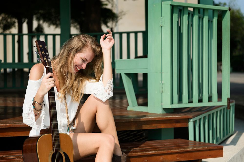 Guitar Girl Relaxation Casual Instrument Leisure Concept