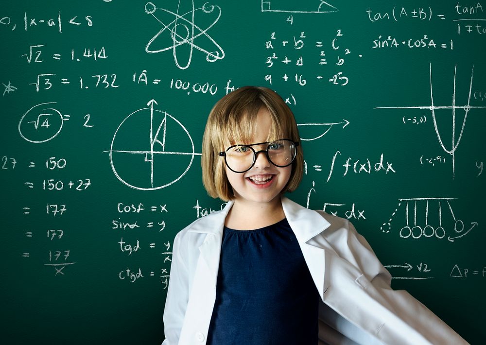 Young scientist girl with blackboard background