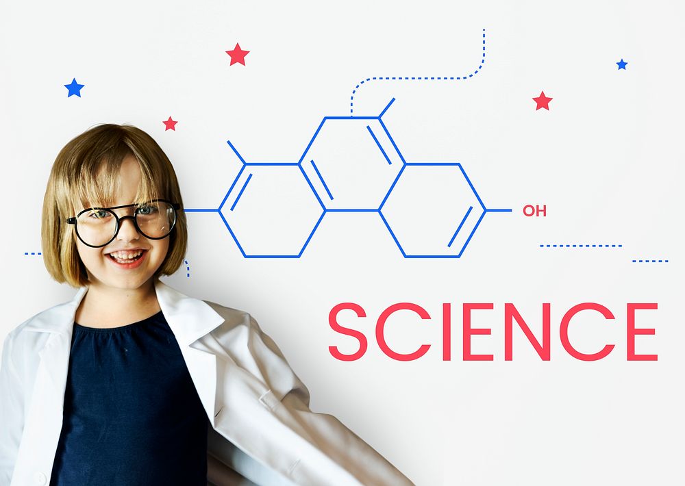 Young girl with science concept word