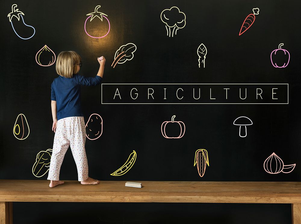 Little girl writing on blackboard about vegetable healthy food icon