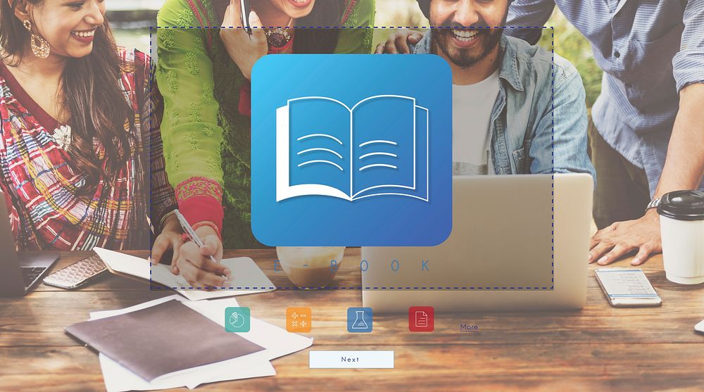 Group of indian people with book icon overlay