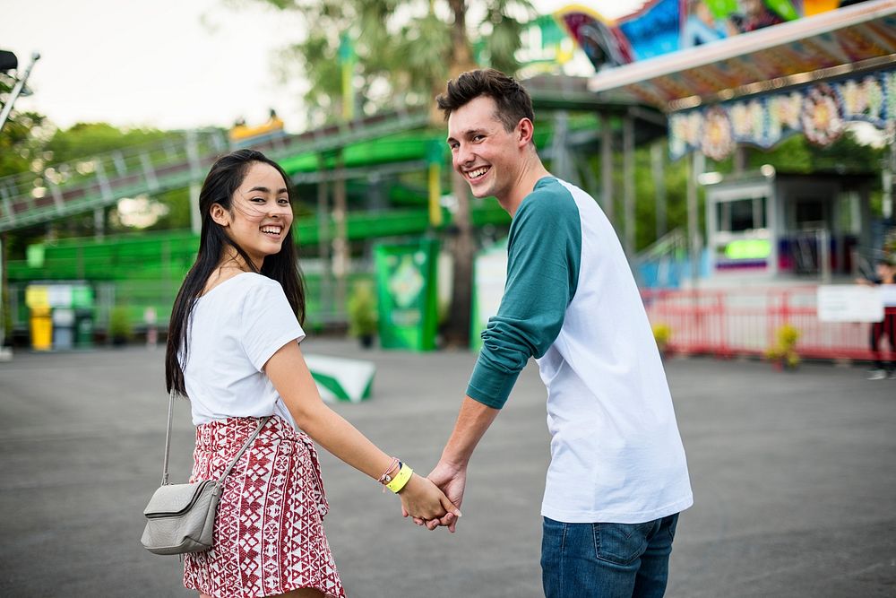 Couple Dating Amusement Park Funfair Festive Playful Happiness Concept