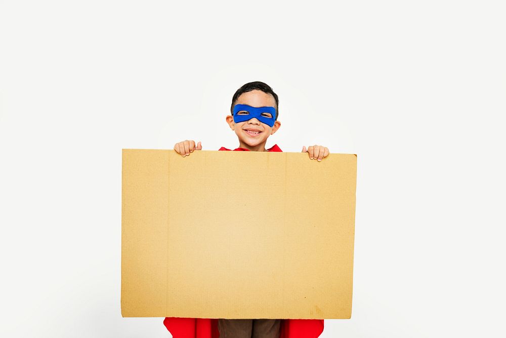 Superhero Kid Placard Copy Space Playful Concept