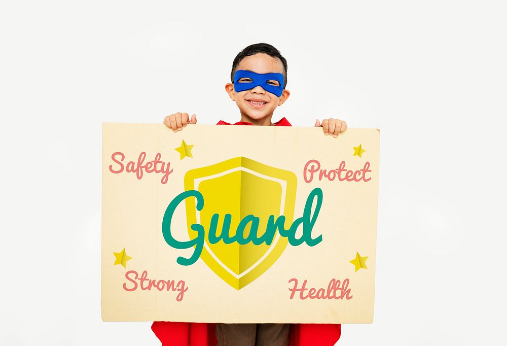 Young superhero boy holding a placard with a shield icon