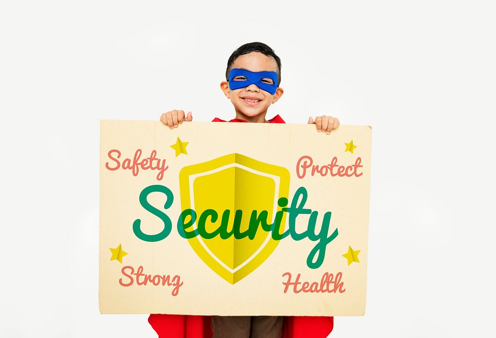 Young superhero boy holding a placard with a shield icon