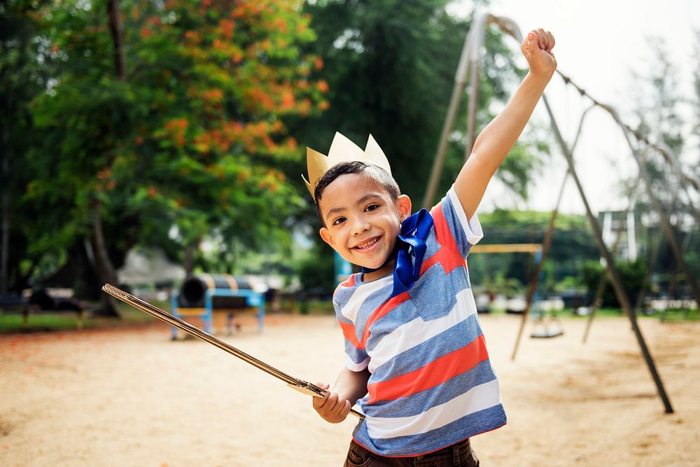 Boy playing king at a playground