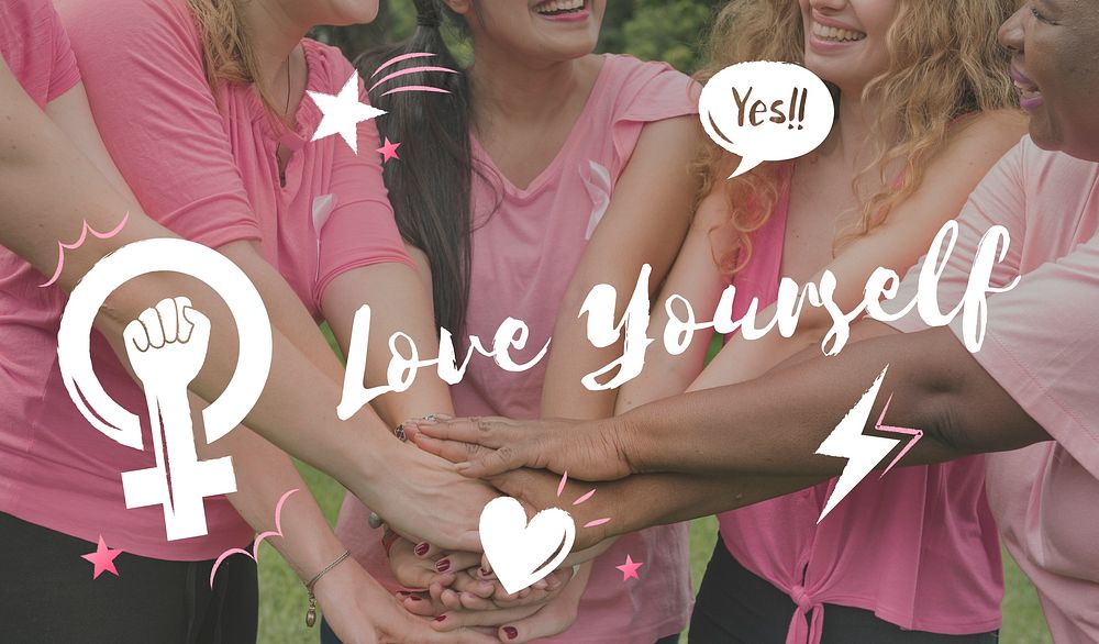 Love yourself text overlay on women wearing pink shirts