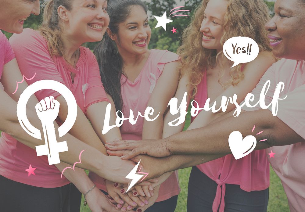 Love yourself text overlay on women wearing pink shirts