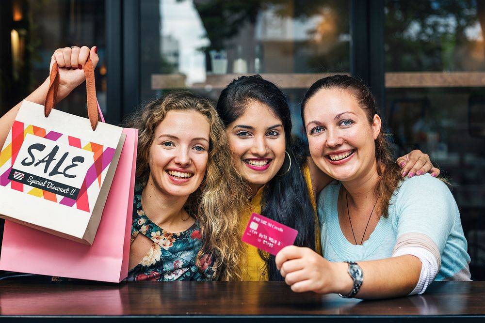 Women Friends Shopaholics Summer Sales Concept