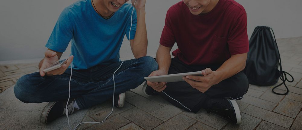 Guy Friends Chilling Headphones Tablet Concept