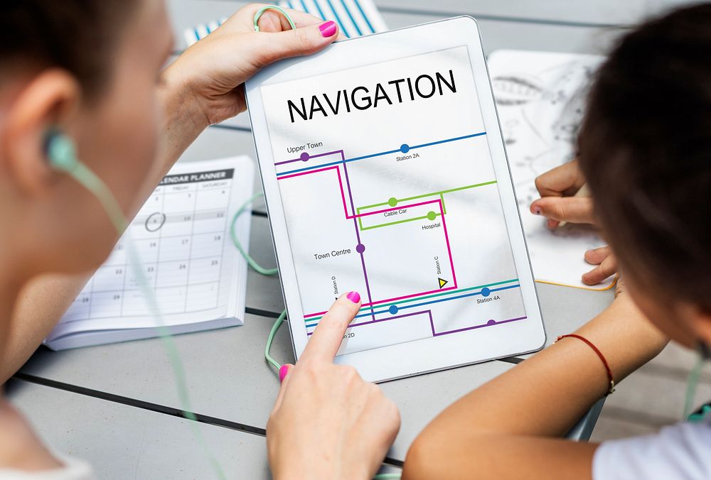 Hands Hold Tablet Map Route Graphic