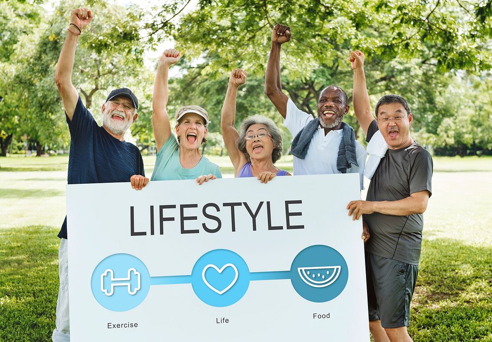 Senior people holding network graphic overlay banner