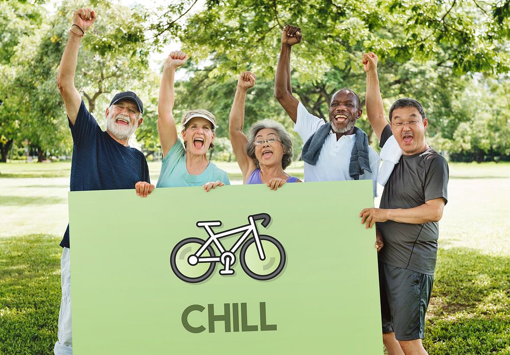 Group of senior people with fists in the air holding a placard with a bike illustration
