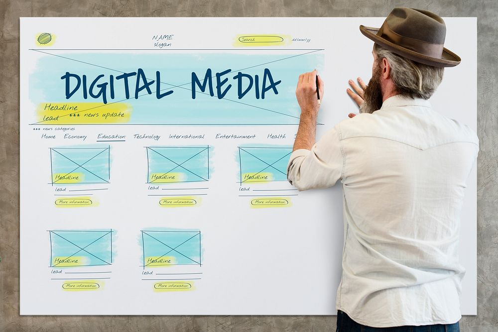 Man working on white board network graphic overlay