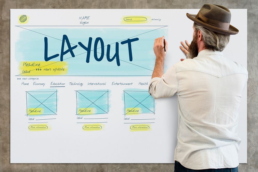 Man working on white board network graphic overlay