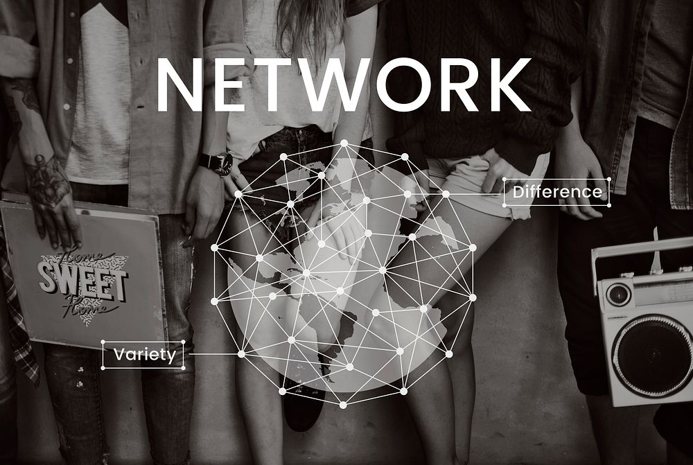 People standing beside wall network graphic