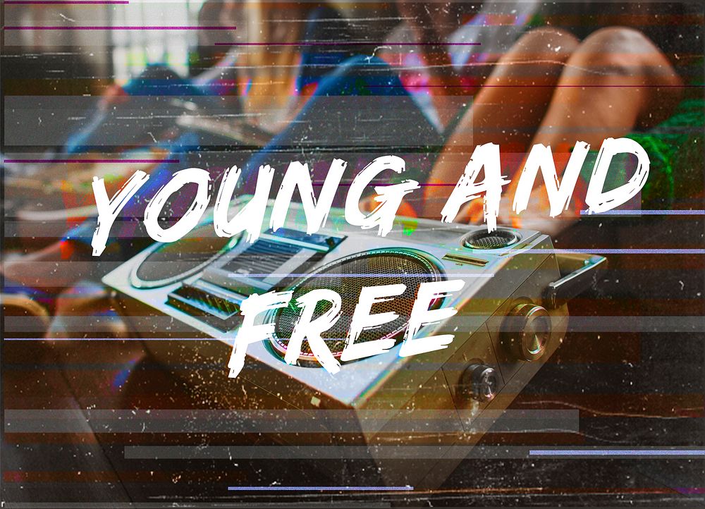 'Young and free' text overlay on a portable radio