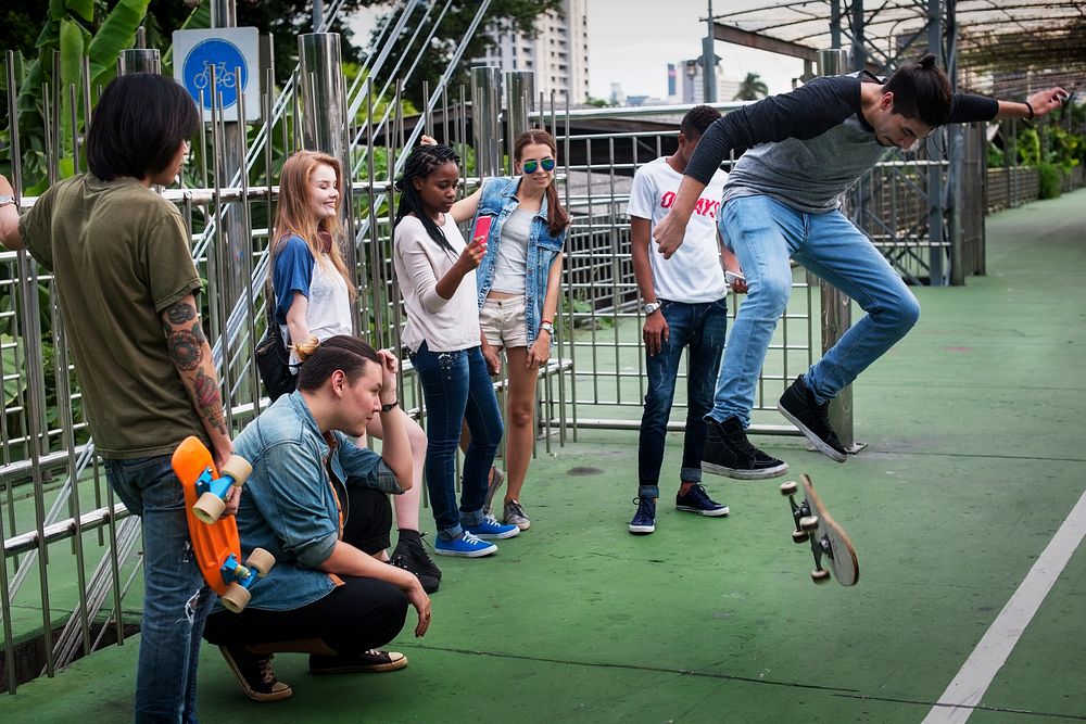 Diverse Group People Skateboard Park Concept