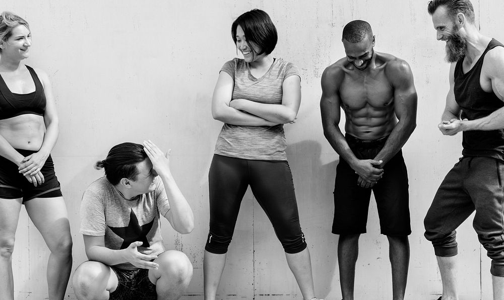 Diverse friends at gym black and white photography