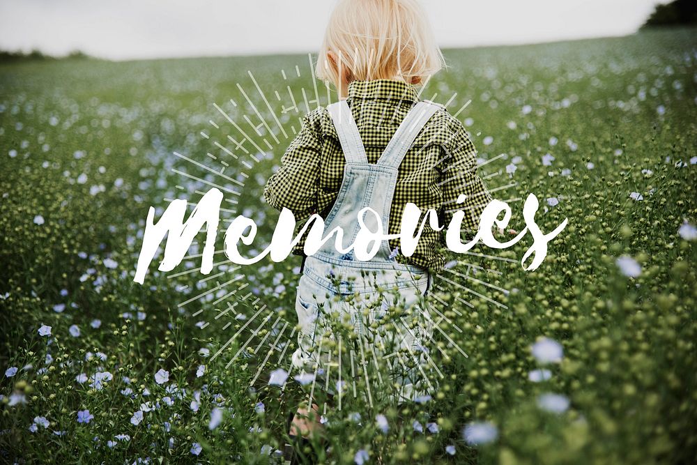 Memories word on young boy outdoors