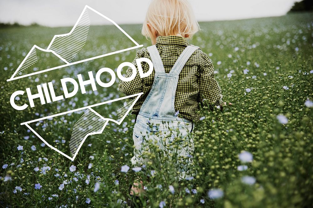 Childhood word on young boy outdoors