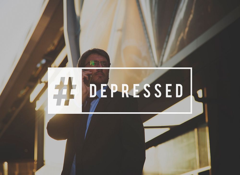 Depressed hashtag overlay on a guy on the phone