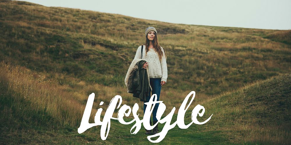 Lifestyle text design overlay on a woman in nature