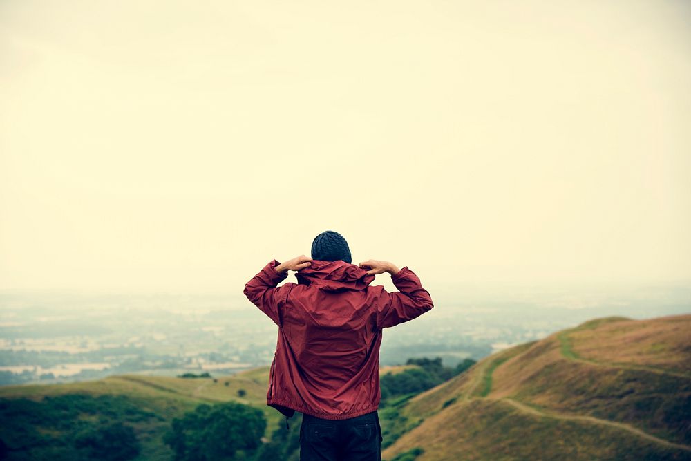 Man Rear View Top Mountain Carefree Cloudscape Concept