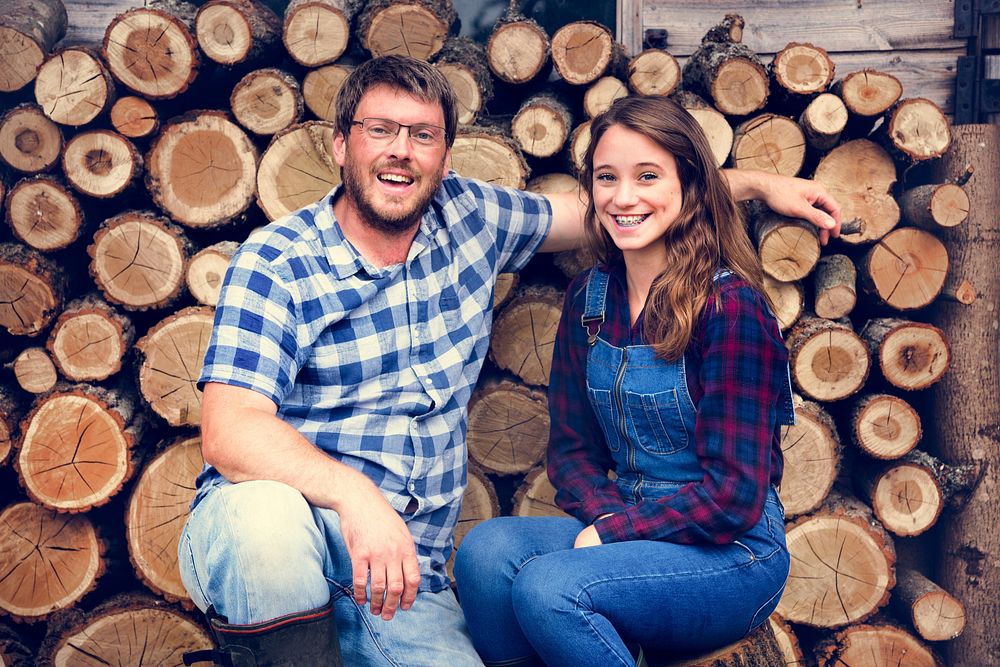 Family Father Daughter Smiling Togetherness Sawmill Concept
