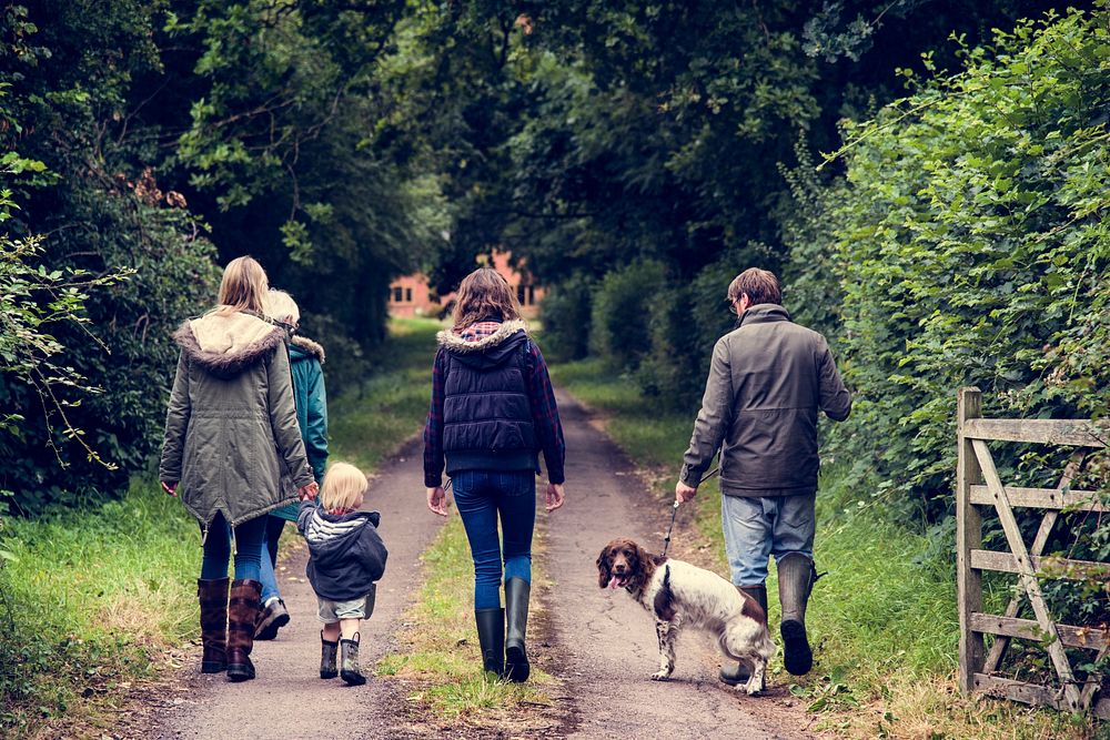 Family Walking Dog Togetherness Nature Concept