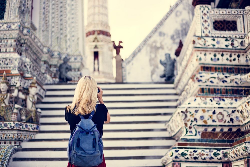 Woman Caucasian Traveler Tour Temple Camera Concept