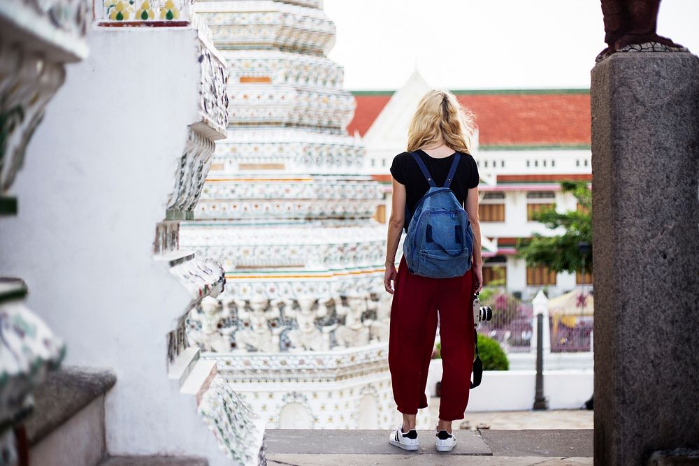 Woman Caucasian Traveler Tour Temple Camera Concept