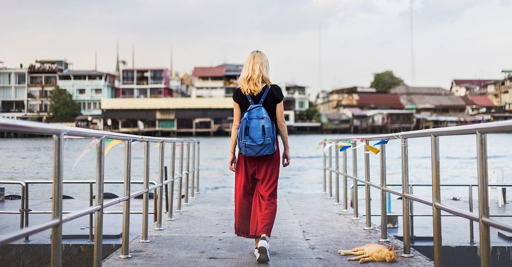 Woman Caucasian Traveler Explore River Dock Concept